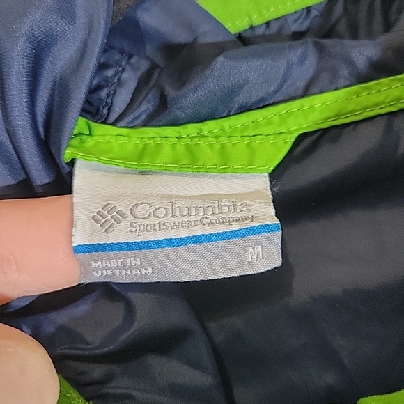 Columbia Windbreaker Men’s Med Hooded Rain Jacket Blue Colorblock W/ Lime Green - Picture 5 of 7